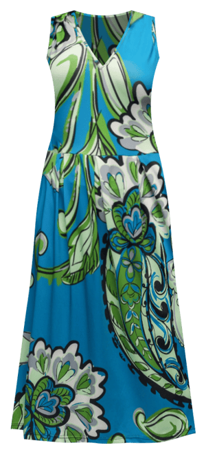 Women's Midi Length Teal Paisley Print Sleeveless Pleated Pocket Dress