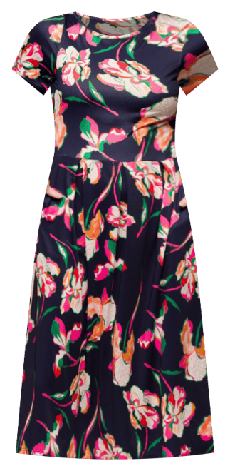 Women's Navy Floral Short Sleeve Pleated Flare Midi Pocket Dress