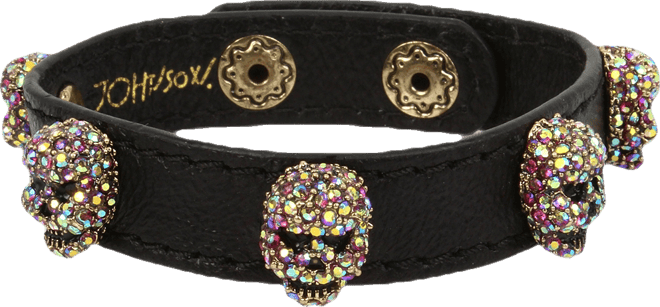 Faux Stone Pave Skull Leather Snap Bracelet