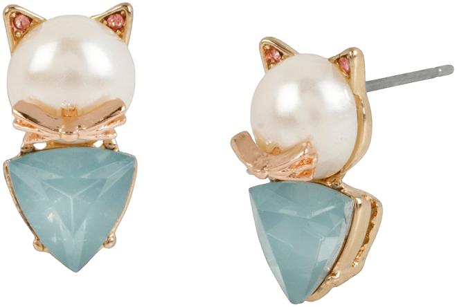 Faux Stone Cultivated Pearl Cat Two-Step Stud Earrings