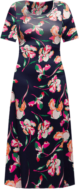 Women's Navy Floral Print Elbow Sleeve Casual A Line Maxi Dress