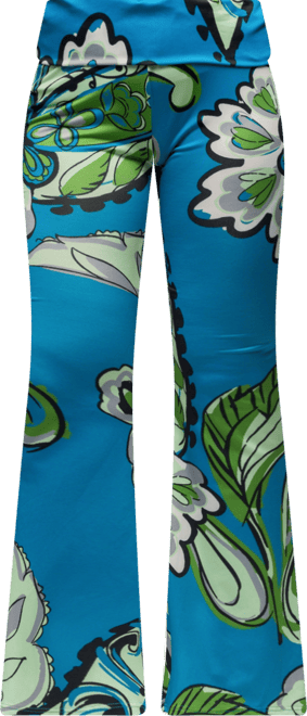 Women's Teal Paisley Print Bell Bottom Foldover Waist Pants