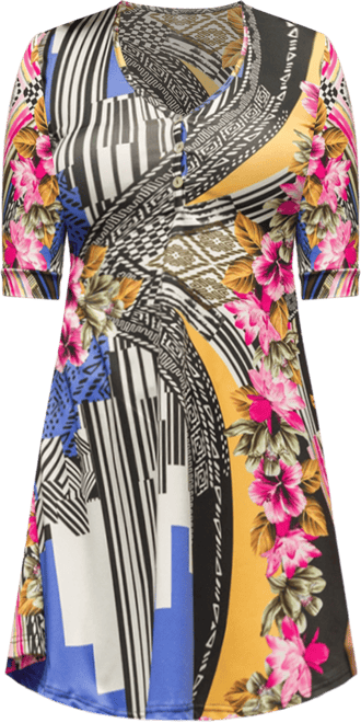 売れ筋商品|||２４セブンコンフォート カットソー トップス レディース Women's Multicolor Floral Print Elbow Sleeve V-Neck Henley Tunic Top Blue Multi 24seven Comfort Apparel Women's Multicolor Floral Print