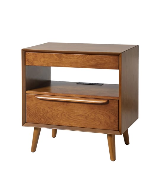 Jeraldo Mid-Century Modern 2-Drawer Nightstand with Built-In Outlets and Wooden Handle