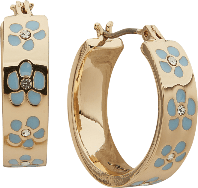 Gold-Tone Enamel Flower Inlay Small Hoop Earrings, 0.68"