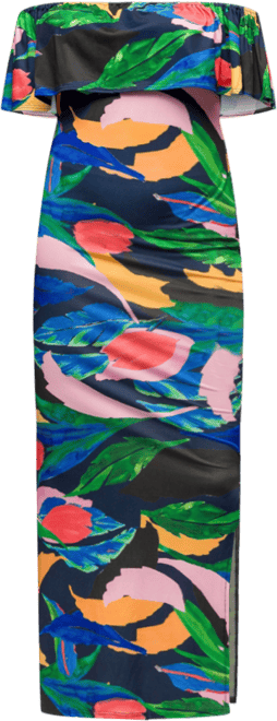 Women's Off Shoulder Multicolor Print Side Slit Maxi Dress