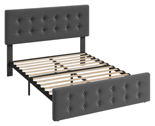 Queen Size Bed Frame with 4 Storage Drawers and Headboard, Linen Upholstered Platform Bed Frame with Wooden Slats Support, Button Tufted Design, No Bo