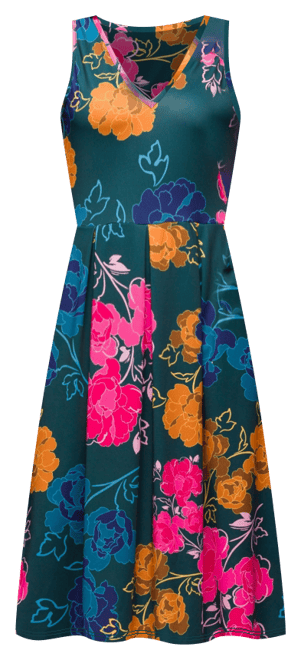 Women's Midi Length Blue Floral Print Sleeveless Pleated Pocket Dress