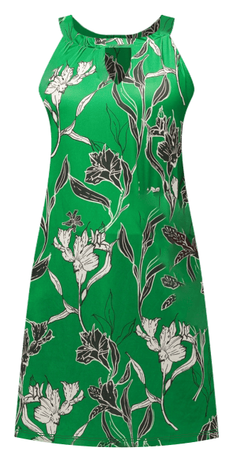 Women's Knee Length Green Floral Print Sleeveless Keyhole Dress