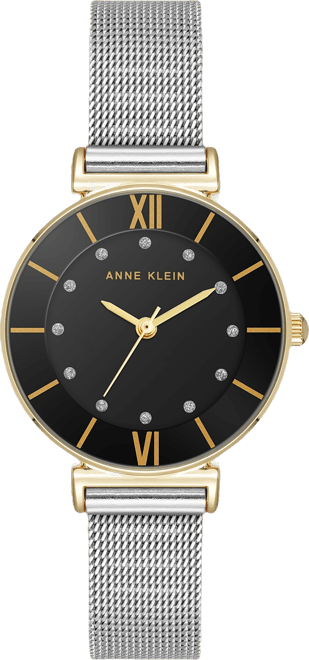 Women's Quartz Premium Round Silver-Tone Stainless Steel Mesh and Black Dial Watch, 29mm