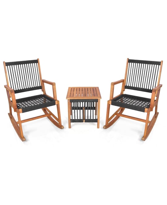 3pcs Patio Acacia Wood Bistro Table Rocking Chair Set All-Weather Rope Outdoor