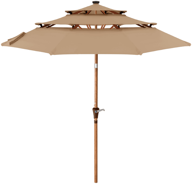 Woodgrain Pattern 10ft 3-Tier Solar Patio Umbrella w/ 24 Led Lights, Tilt