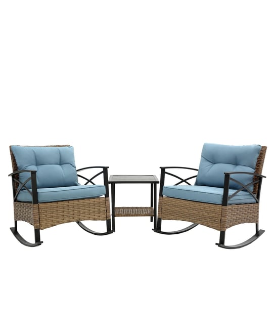 Outdoor Patio Furniture Sectional Sofa Set,3-Piece Outdoor Rattan Rocking Chair Set with Cushion, Table