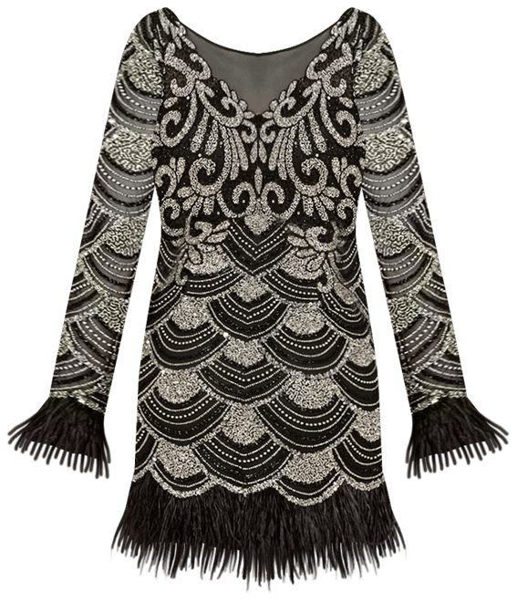 Women's Beaded Short Dress with Feathers and Sleeves