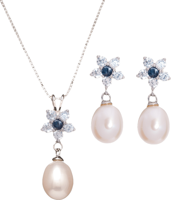 Baroque Cultured Freshwater Pearl (9x7mm), Sapphire (1/3 ct. t.w.) & Cubic Zirconia Flower Pendant Necklace & Drop Earrings Set in Sterling Silver