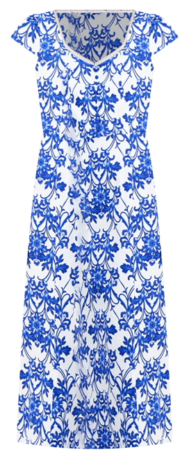 Printed Sweetheart-Neck Short-Sleeve Midi Dress