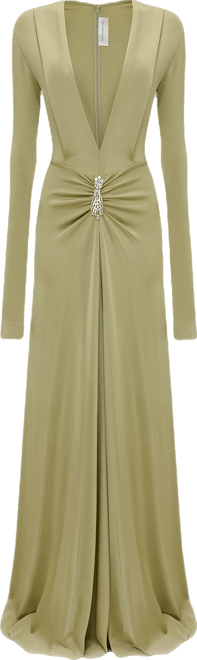 Embellished Long Sleeve Deep V-Neck Gown In Pistachio