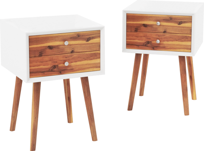 2PCS Wooden Nightstand Mid-Century End Side Table W/2 Storage Drawers