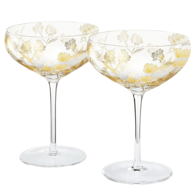 Vintage Floral-Etched Champagne Coupe Glasses, Set of 2