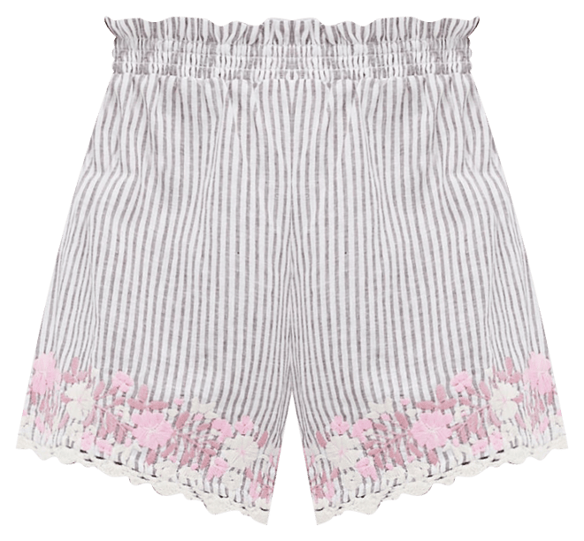 Tan Stripe Embroidered Floral Linen Kali Short