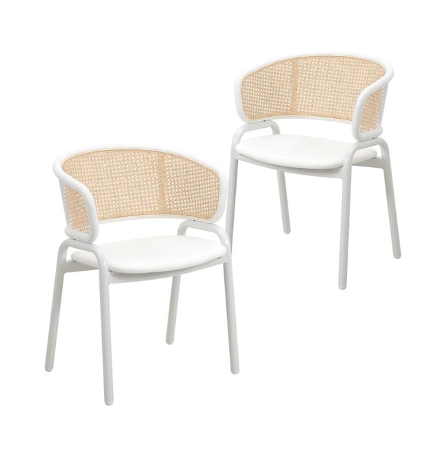 Dining Chair with White Powder Coated Steel Legs and Wicker Back, Set of 2