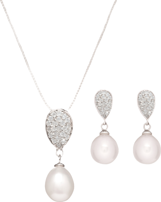 Baroque Cultured Freshwater Pearl (8x8-1/2mm) & Cubic Zirconia Pendant Necklace & Drop Earrings Set in Sterling Silver