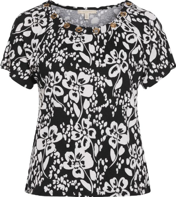 Women's Grommet Detail Floral Short Sleeve Knit Top