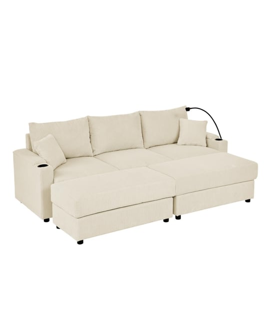 Streamdale Beige Corduroy Sofa Bed with Storage & Ottomans