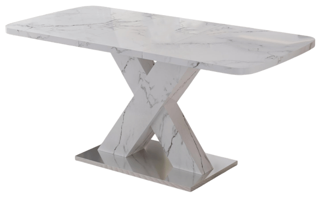 Modern Square Dining Table, Stretchable, with Printed White Marble Table Top+Mdf X-Shape Table Leg with Metal Base
