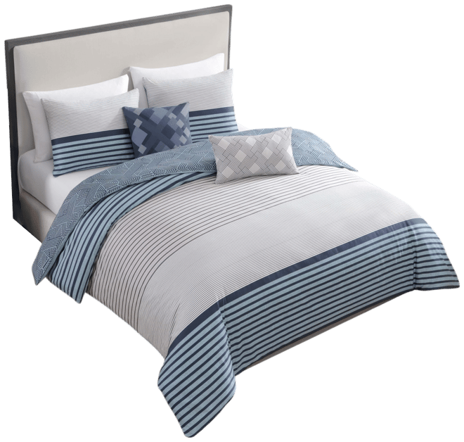 Blue Geo Lines Bedding 100% Cotton Sateen 5 Piece King Size Reversible Comforter Set