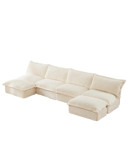 Slipcovered 4-Seater Sectional Sofa with Ottoman and Accent Pillows