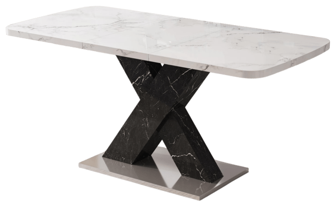 Streamdale Modern Square Dining Table, Stretchable, Printed White Marble Table Top+Mdf Black X-Shape Table Leg with Metal Base
