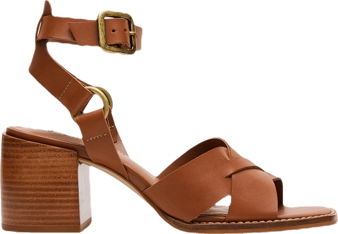 TRURO Tan Leather Strappy Wood Bottom Square-Toe Women's