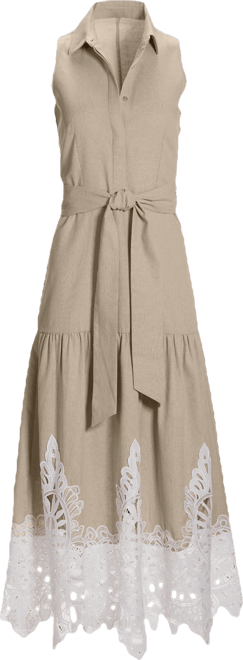 Lace Trim Linen Sleeveless Midi Dress - Tan | Boston Proper