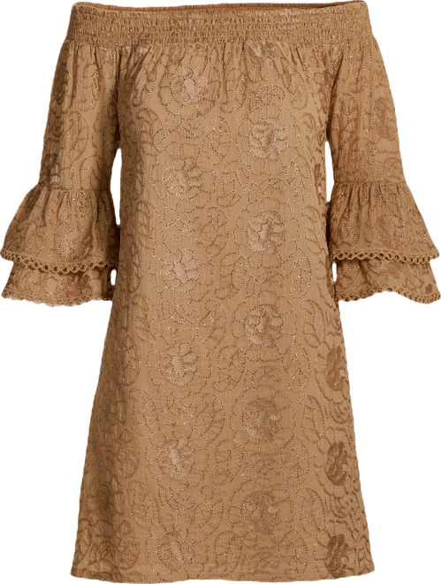 Metallic Woven Off The Shoulder Shift Dress Tan Gold