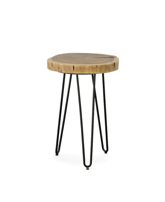 Iron and Solid Wood End Table – Round Accent Table with Industrial Charm and Durability