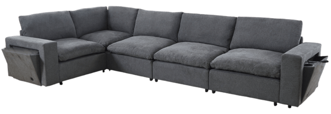 Streamdale Gray Modular Sectional Sofa with Wireless Charging, Cup Holders, Book Storage