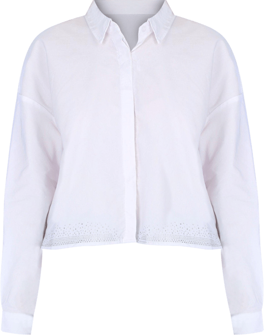 No Comment Juniors Boxy Rhinestone Button Down Top