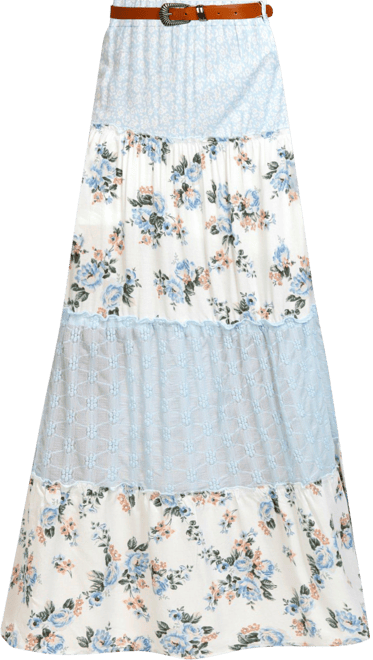 No Comment Juniors Tiered Floral Belted Maxi Skirt