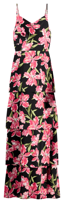 Women's Printed Satin Tiered Cowlneck Maxi Dress