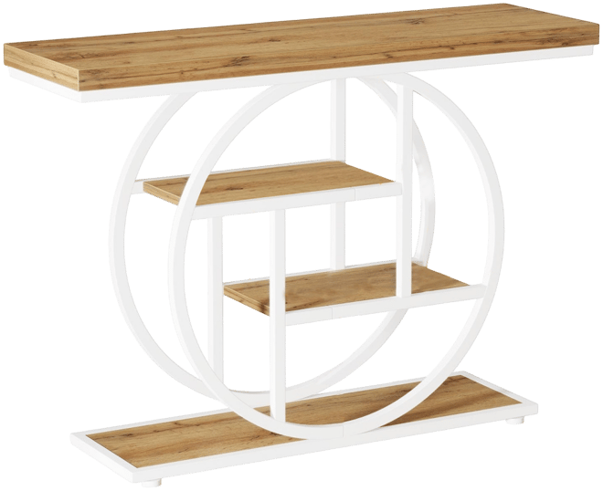 41.3" Console Table, Industrial 4-Tier Sofa Table Entryway Table with Circle Base, Narrow Wood Accent Tables with Shelves, Light Brown