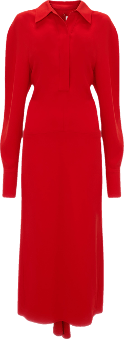 Long Sleeve Polo Collar Midi Dress In Tomato Red – Victoria
