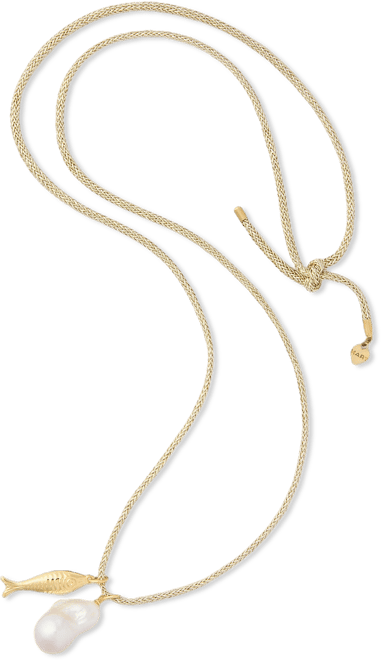 Gold Lurex Cord Necklace with Baroque Pearl and Gold Fish Charms