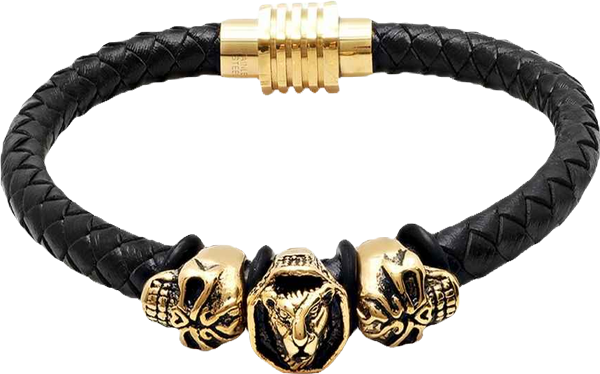 Men's Lion Head and Skull Accents Black Leather Braided Bracelet