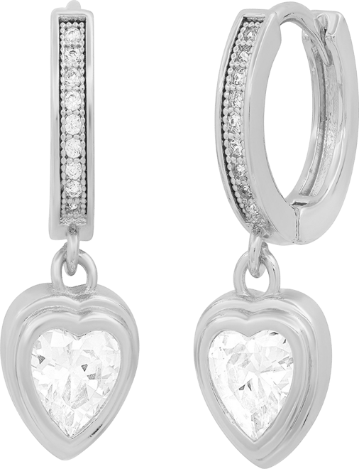 Women's Brass Simulated Diamonds Dangling Charm Heart Huggie Earrings