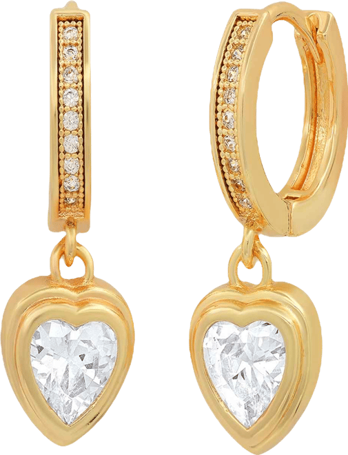 Women's Brass Simulated Diamonds Dangling Charm Heart Huggie Earrings