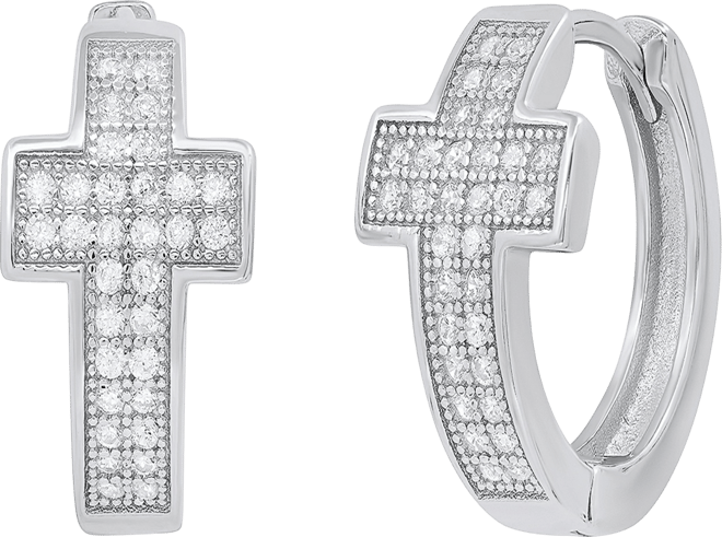 Women's Sterling Silver and Simulated Diamonds Cross Huggie Earrings
