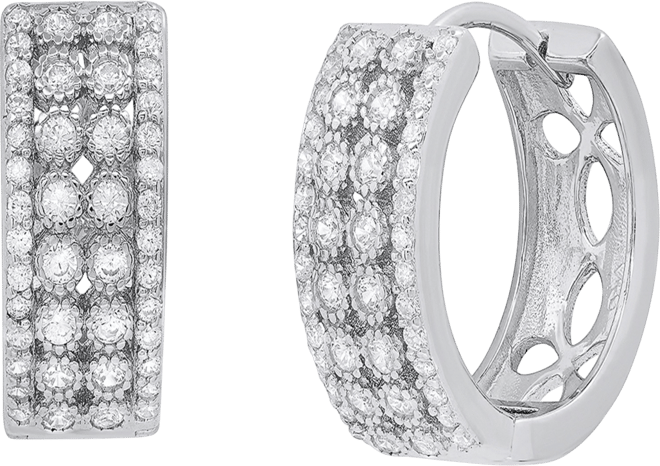 Women's Sterling Silver and Multi-Row Simulated Diamonds Round Huggie Earrings