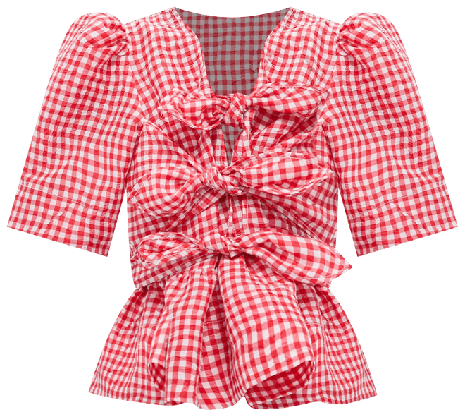 Red Alert Crinkled Taffeta Check Tie Front Blouse
