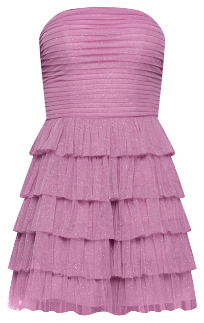 Juniors' Strapless Side-Shirred Tiered Glitter Mini Dress